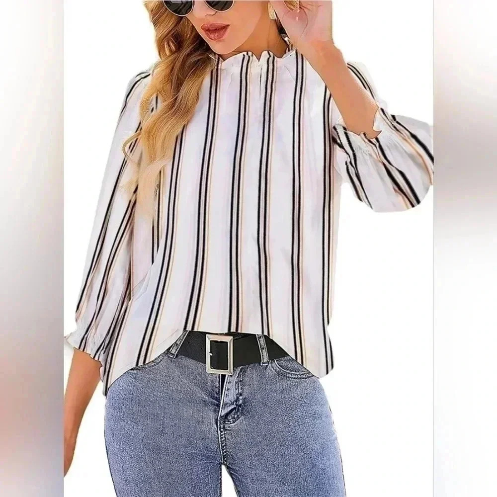 Avanova Women's Striped‎ Ruffle Hem Long Sleeve Mock Neck Blouse Top Sz. 3X NEW